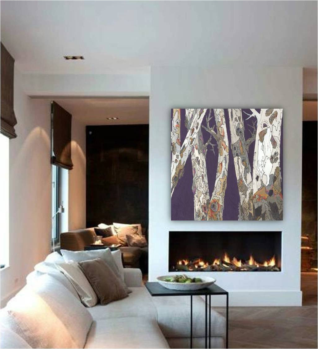Purple art of trees in white and browns, in an all white modern contemporary living room above a fireplace. 