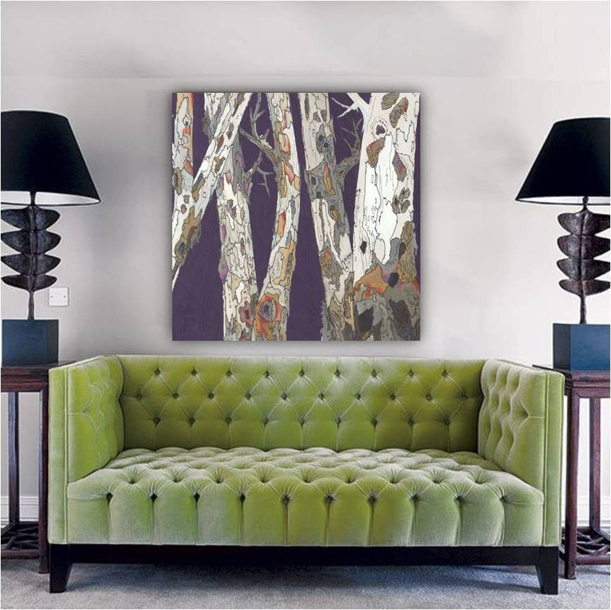 Extra large purple wall art square artwork canvas print oversized landscape birch trees