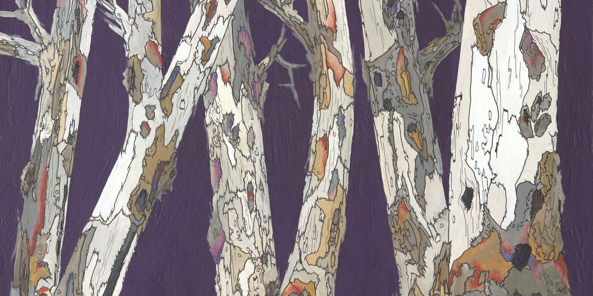 Extra Wide Horizontal Canvas Wall Art with White Birch Trees on Deep Purple