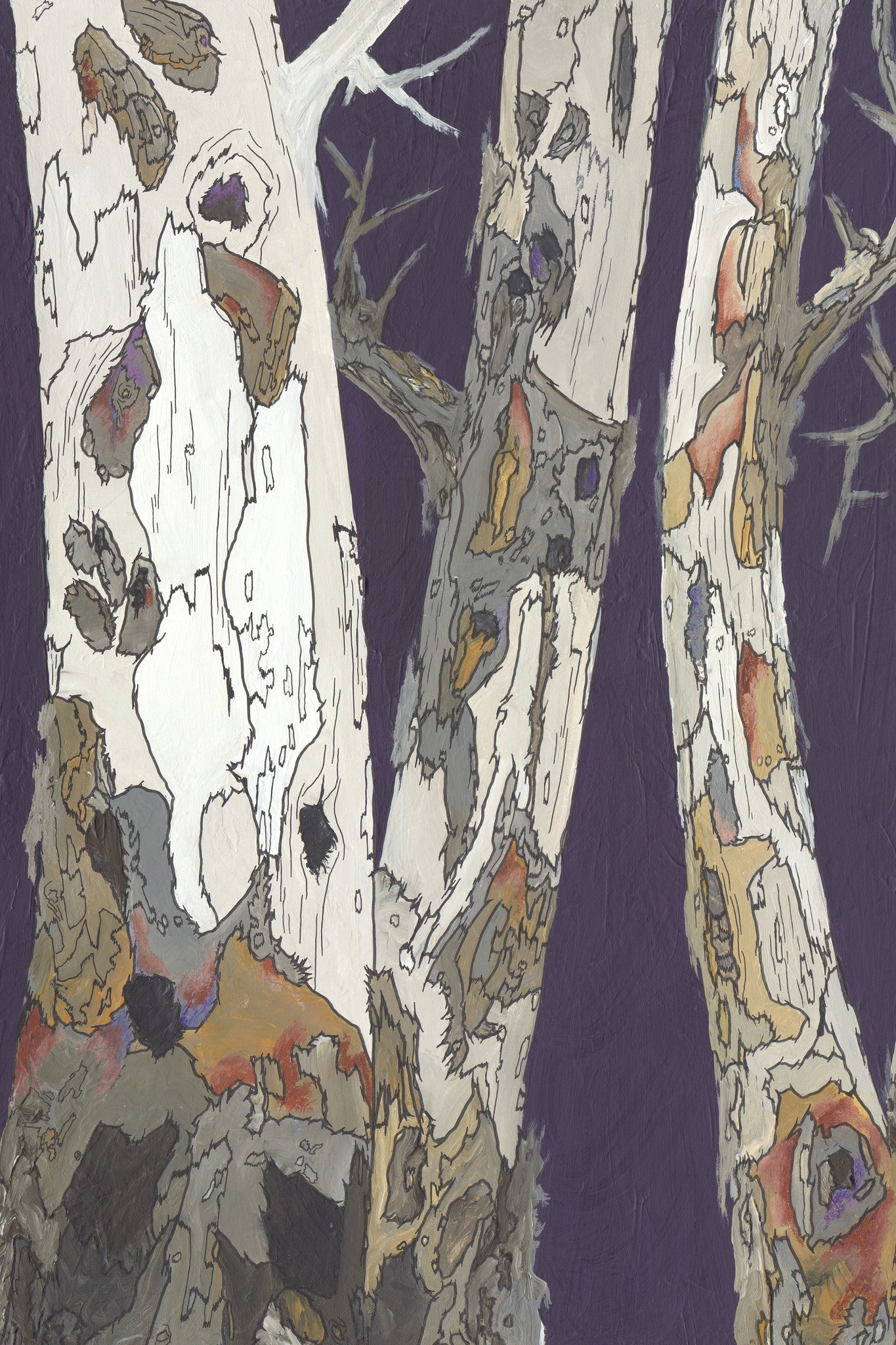 Oversized Vertical Canvas Wall Art. Birch Trees in Purple / Eggplant Background. Decor style: modern, contemporary, transitional.
