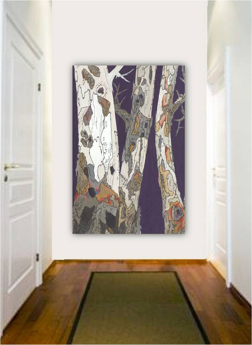 A large canvas giclee print featuring a birch trees design in purple and white, displayed on a wall in a rustic entryway.