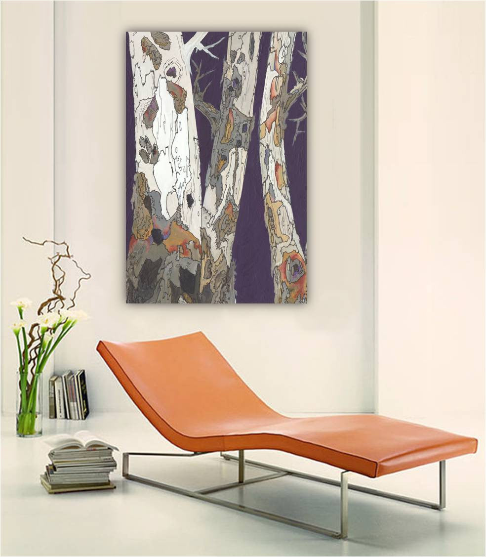 Large canvas print of tree art in deep purple and white, hanging over an orange seat in a modern living room.