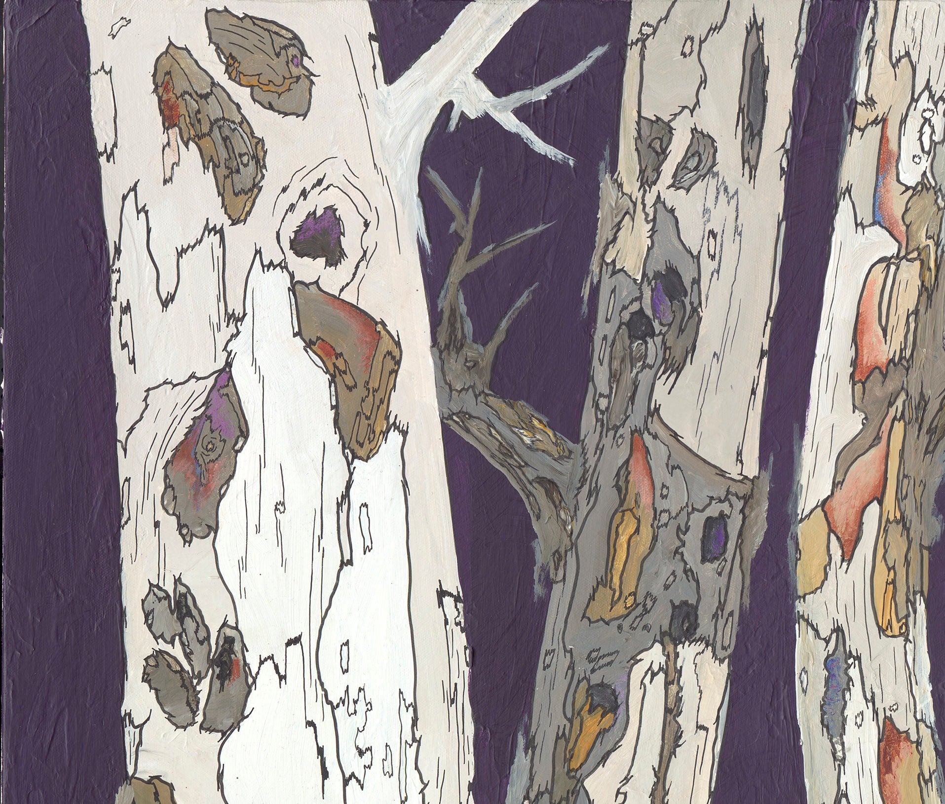 original tree art, original painting of trees, painting of tree trunks, luxury gift ideas, shoa gallery, white purple wall art, dining room wall art, bedroom wall art, large original painting, 30x40 purple painting, iranian artist, original art by iranian artist, bedroom wall art, masculine wall art, masculine artwork
