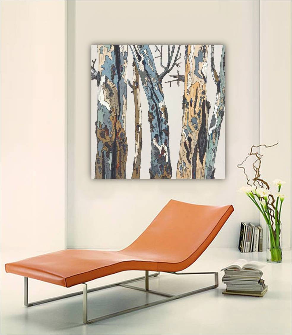 Canvas art print of landscape of trees in pastel colors on a large wall in a modern space