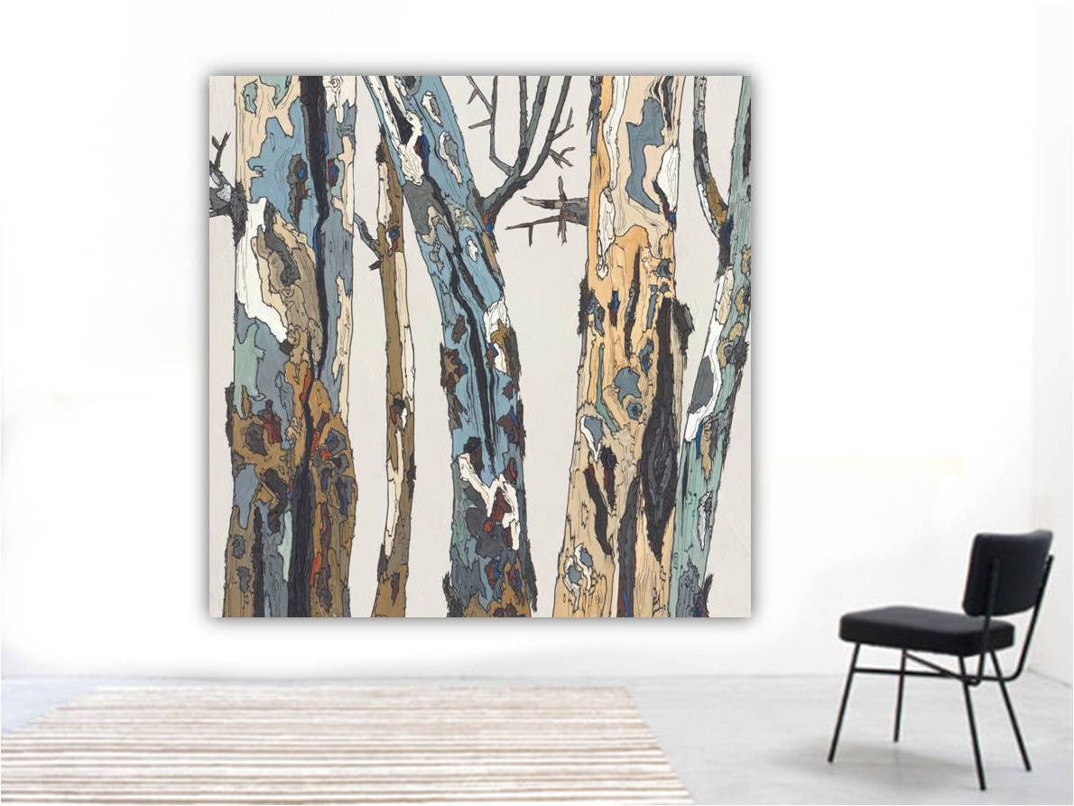 Oversized square canvas print art of tree landscape on a very large blank wall in airy setting