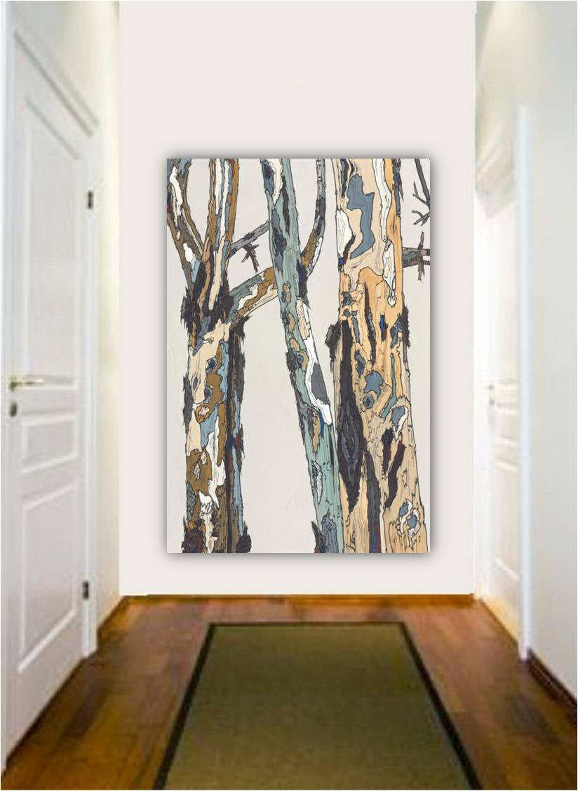Oversized Calming Vertical Rustic Canvas Wall Art - White Birch Trees Art - in a rustic contemporary hallway / entryway.