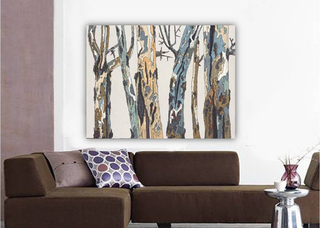 Extra large original landscape painting of trees above a sectional sofa in a contemporary MCM living room 