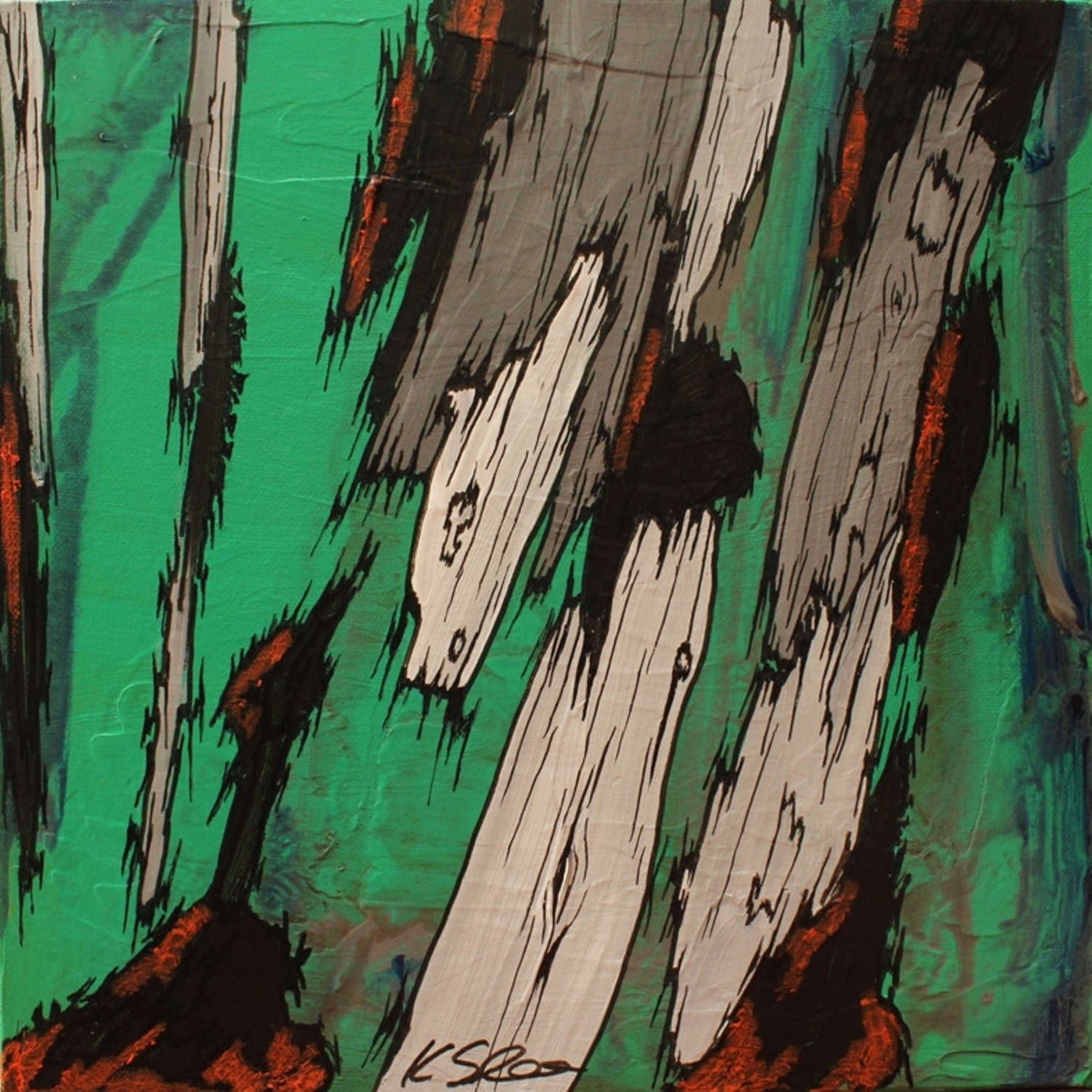 Original Mixed Media Small Painting in Deep Forest Green - Abstract Tree Trunk Wall Art 