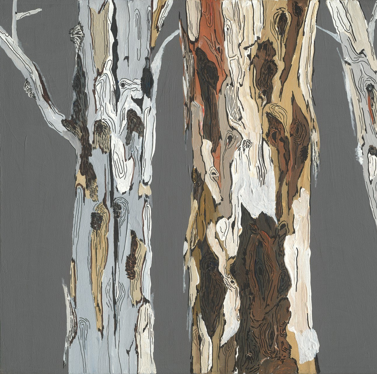 Tree Trunks in White & Brown on Gray — Extra Wide Horizontal Canvas Wall Art