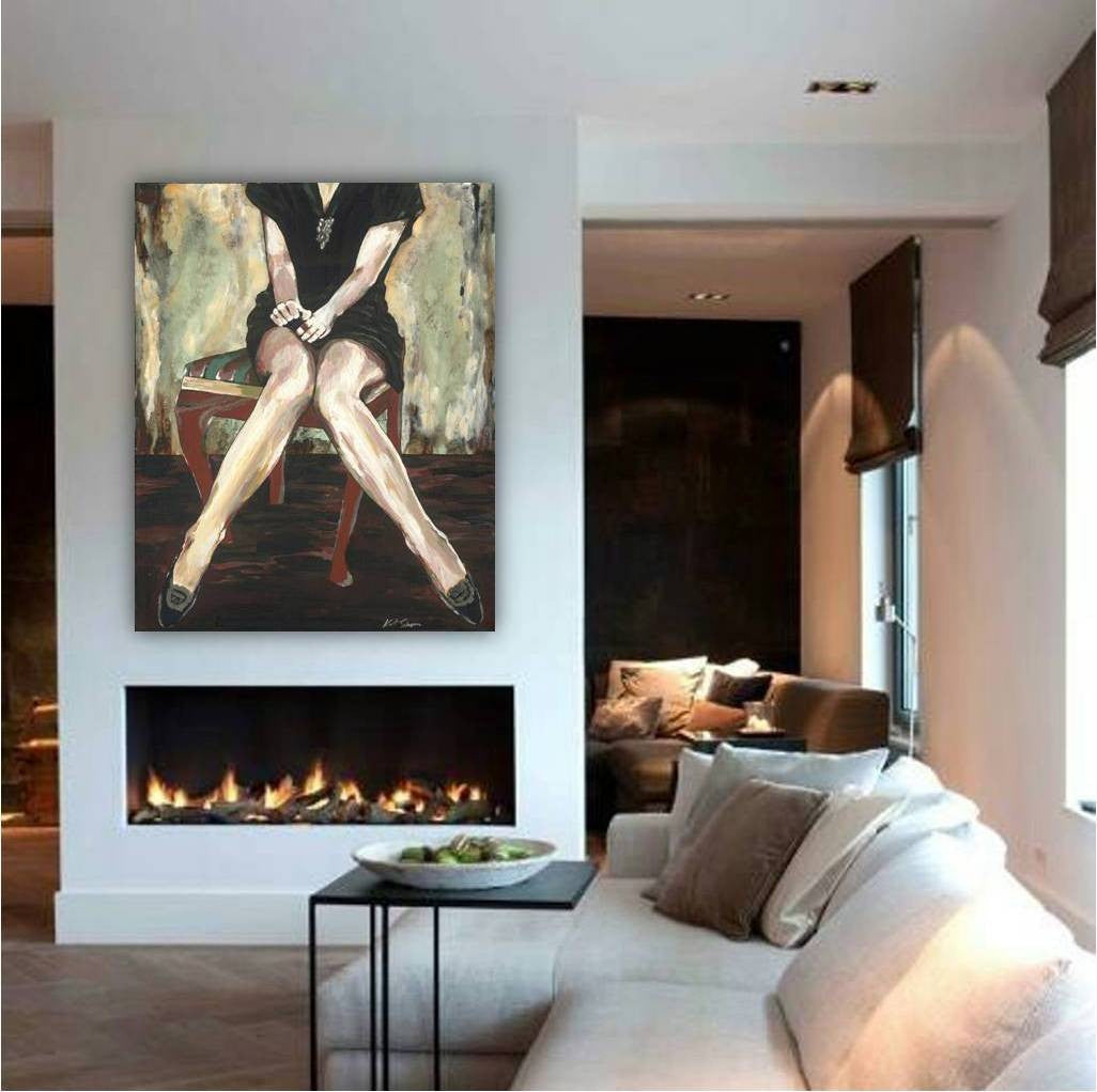 Large sexy canvas print of a figurative artwork hung over a modern fireplace.