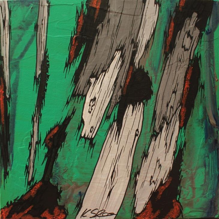 Original Mixed Media Small Painting in Deep Forest Green - Abstract Tree Trunk Wall Art 