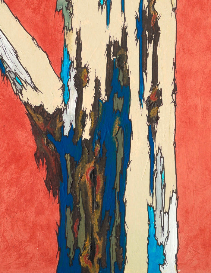 large tree trunk artwork with orange background