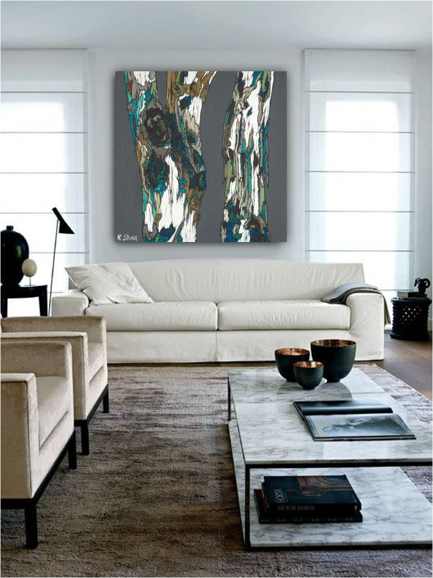 Oversized canvas art print of trees in a modern all white living room