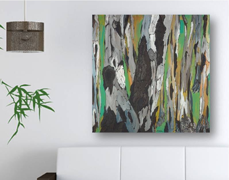Extra large abstract artwork in greens, grays, white. Masculine art above a sofa in modern setting