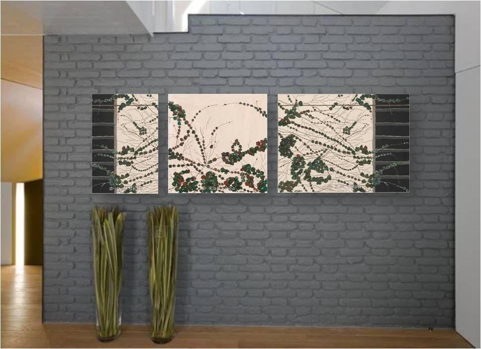 Three canvas artworks (triptych) in white, black, and green floral pattern, on a dark gray wall. Feminine wall art for modern and contemporary spaces.