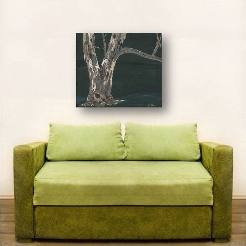 Original painting of tree in deep green - on a blank wall over a small couch / seat