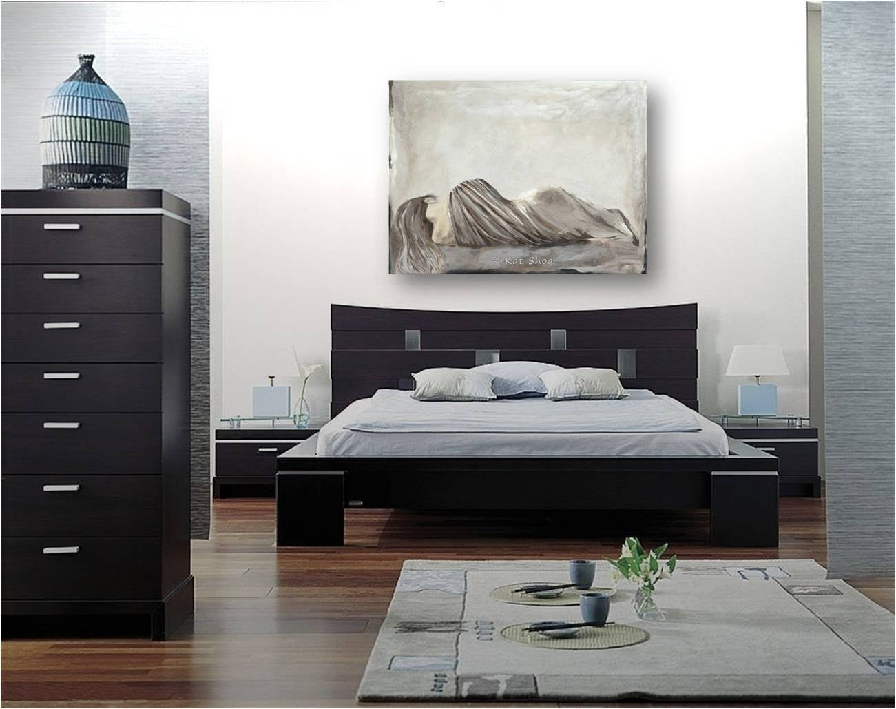 Sensual original painting of a woman in neutral colors hanging above the bed in contemporary bedroom