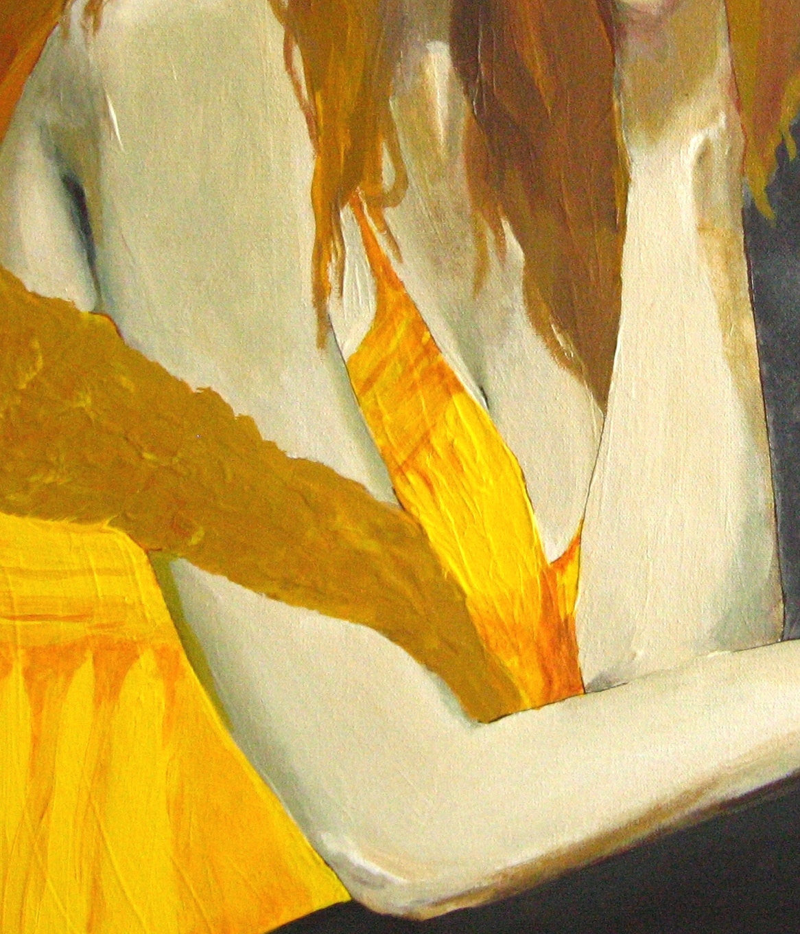 Detail of original painting of redhead woman in a yellow dress. Intimate artwork for bedrooms.