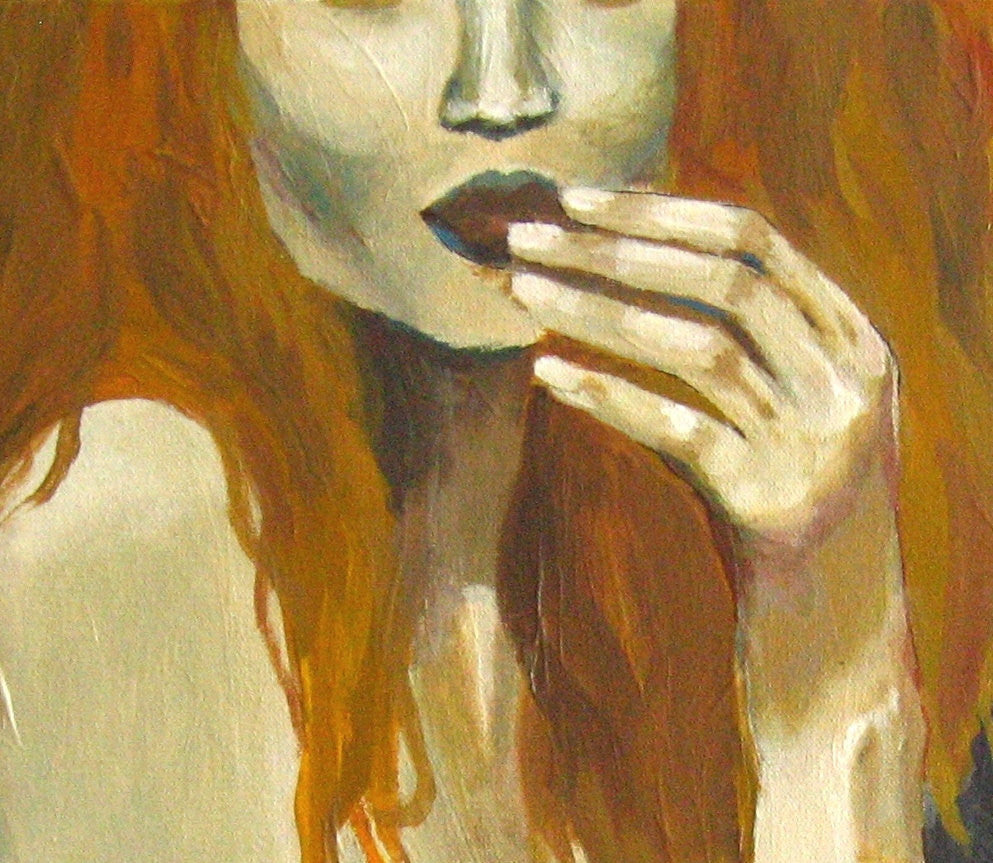 original painting of redhead woman, sexy painting of woman, original artwork redhead, original hand painting, painting of hands and face, sexy bedroom wall decor, sexy bedroom wall art, yellow bedroom decor, yellow orange home decor, gray yellow wall art, gift for her, gift to impress her, yellow gift, canvas art for bedroom, yellow wall art