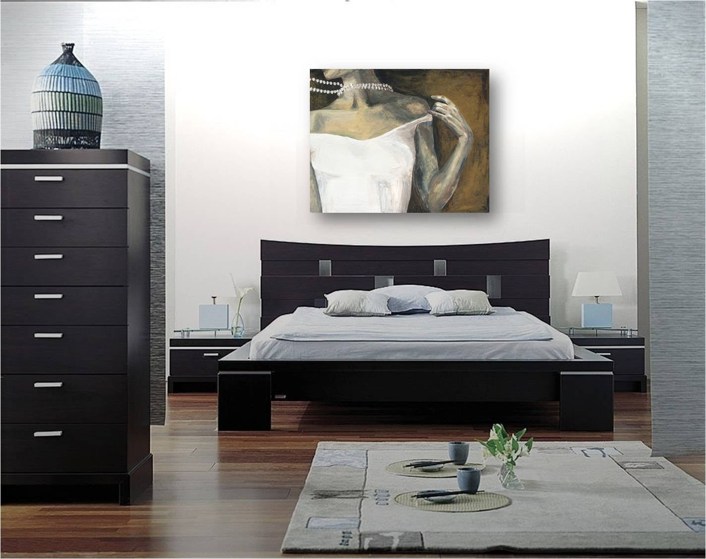 Figurative canvas art print above a very large bed in a contemporary bedroom