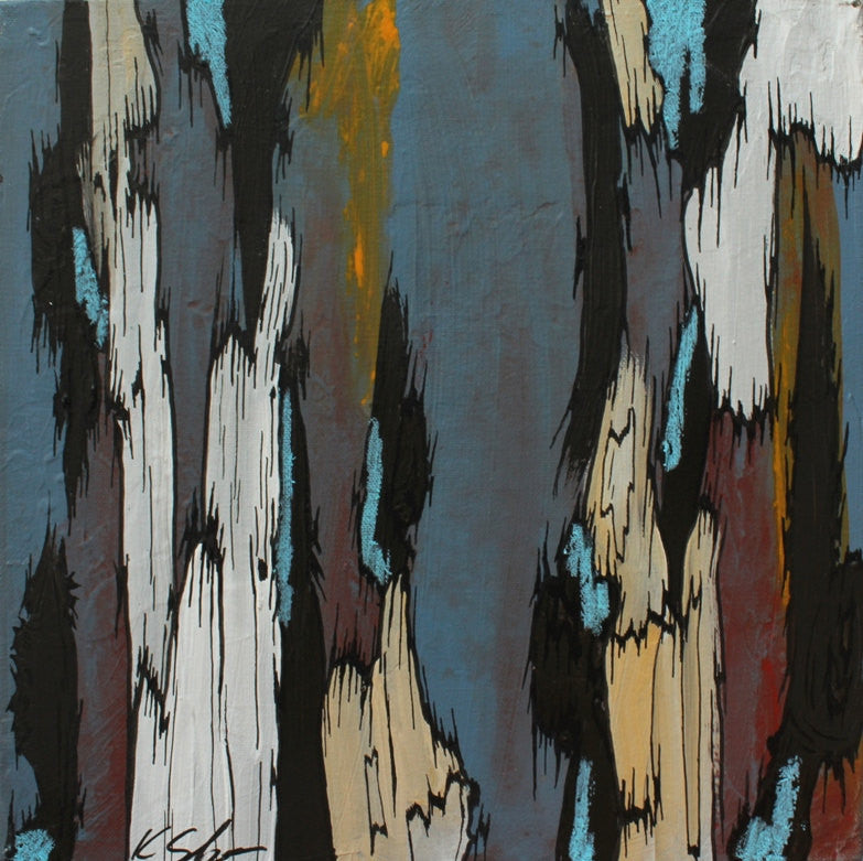 Original Masculine Mixed Media Small Painting in Blue-Gray. Abstract Acrylics Tree Trunk Wall Art. 