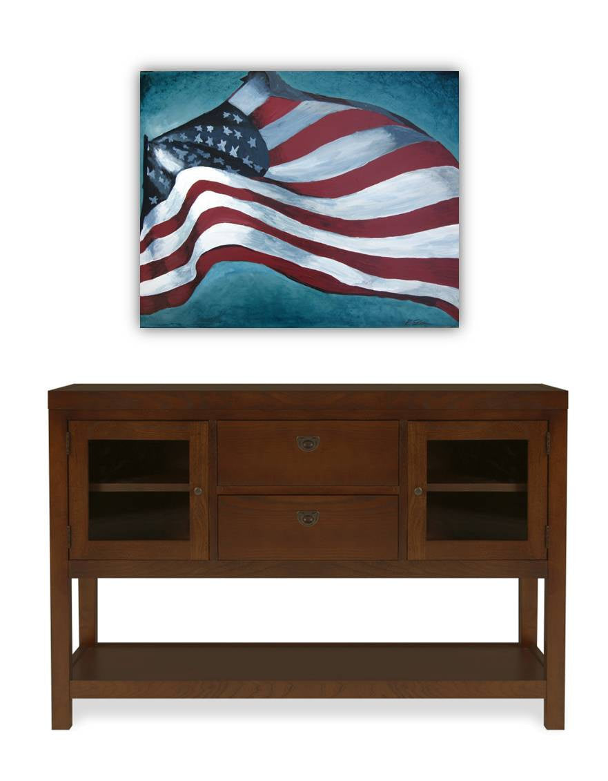 Original artwork - painting of the American flag in red, white, blue - hanging in the entryway