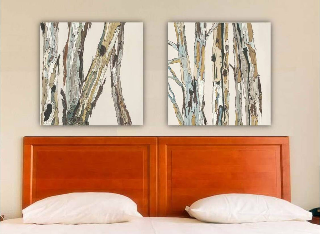 White extra LARGE wall art diptych set modern rustic canvas print tree pastels artwork
