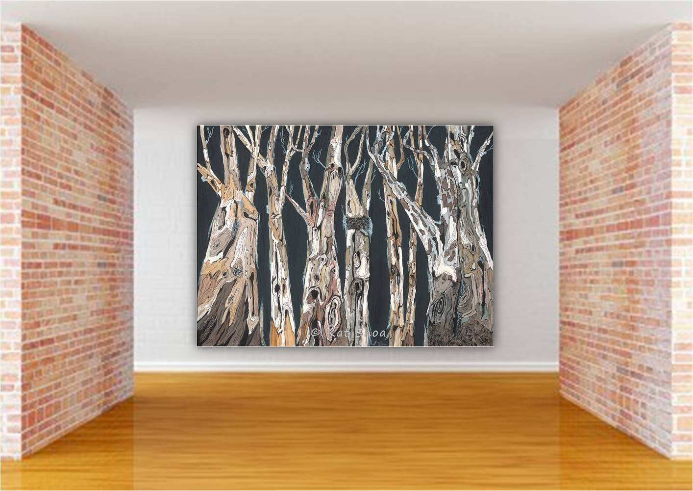 Oversized Canvas Wall Art of Tree Landscape on Huge Blank Wall in Upscale Commercial Space with brick walls