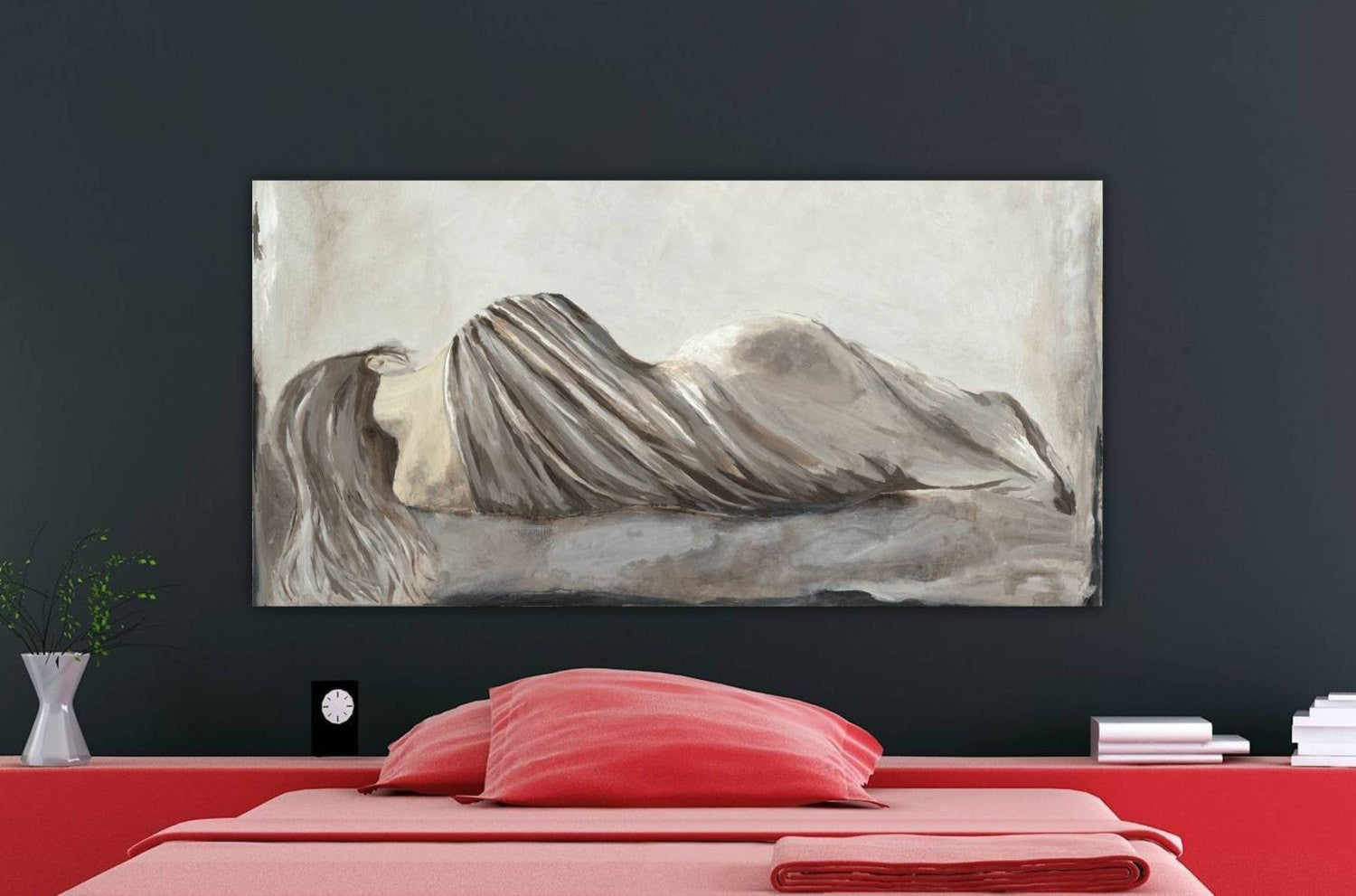 An extra large oversized canvas wall art of a figurative sexy woman in a modern bedroom setting.