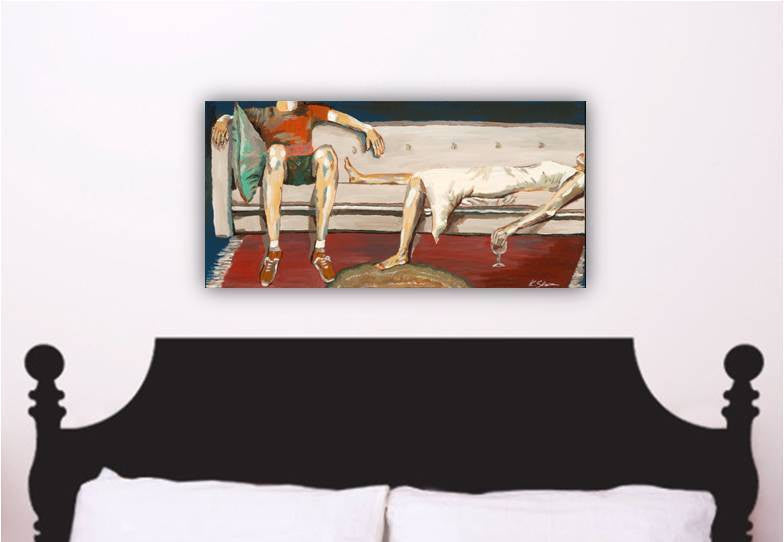 Large canvas art print of a wine lover couple relaxing on the couch on the weekend - in an oversized bedroom