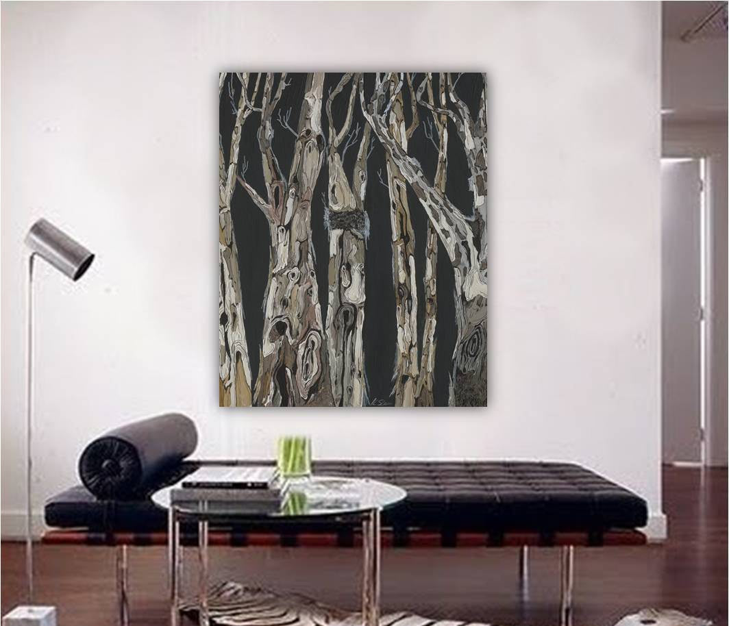 Oversized Vertical Canvas Wall Art - Tree landscape Artwork on Dark background in modern living room