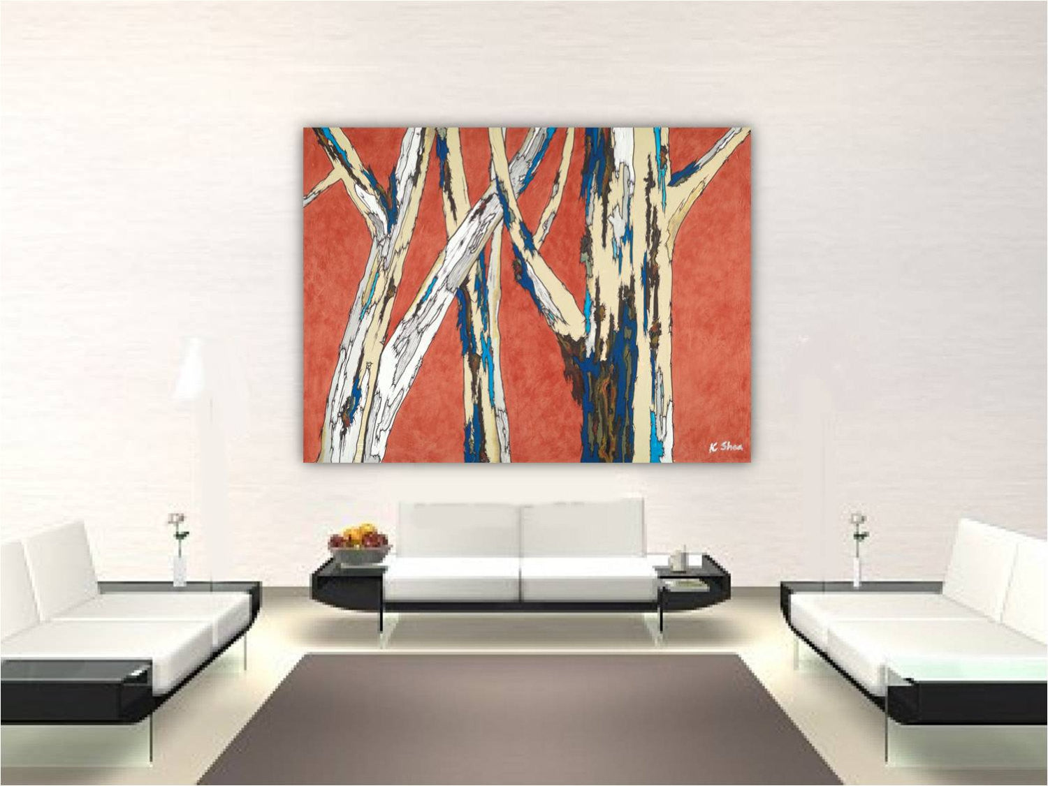 Huge canvas print of birch tree in orange blue white in modern hotel lobby