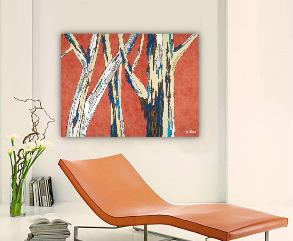 Original acrylic painting of birch trees in orange, blue, and white, displayed above a modern orange sofa.