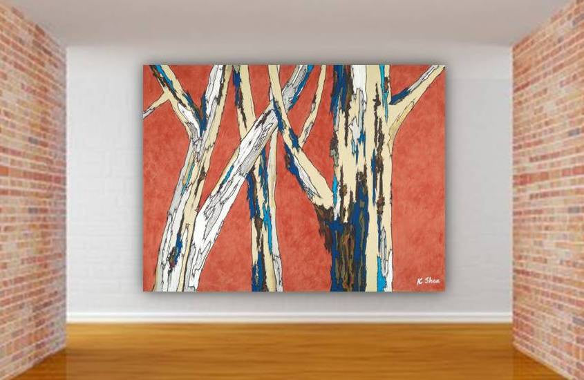Oversized Orange & Blue Birch Tree Canvas Wall Art on Expansive Wall of commercial Space