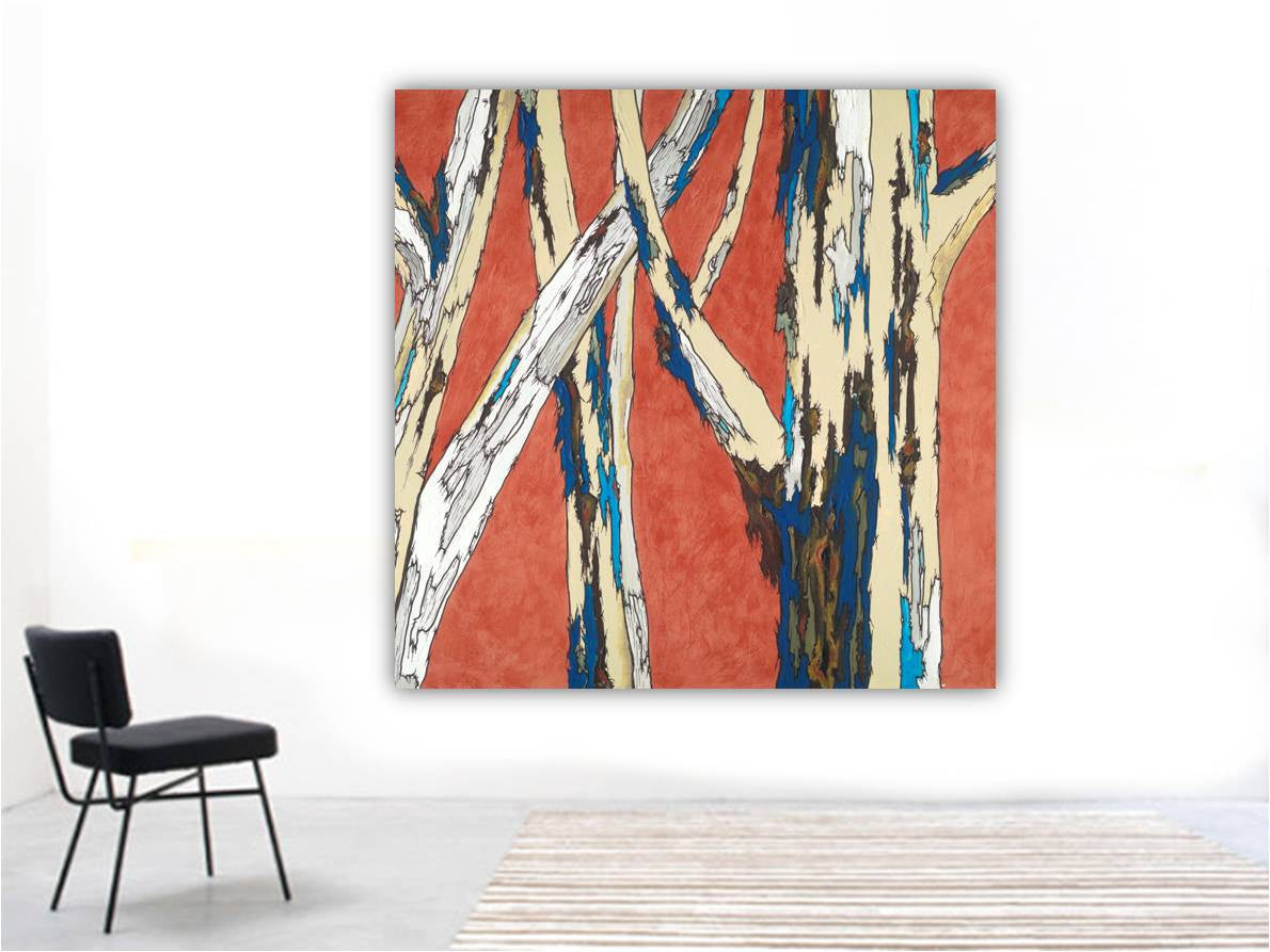 Oversized Modern Square Canvas Art in Bright Orange, and Blue and white Trees - on a Large Blank living room Wall 
