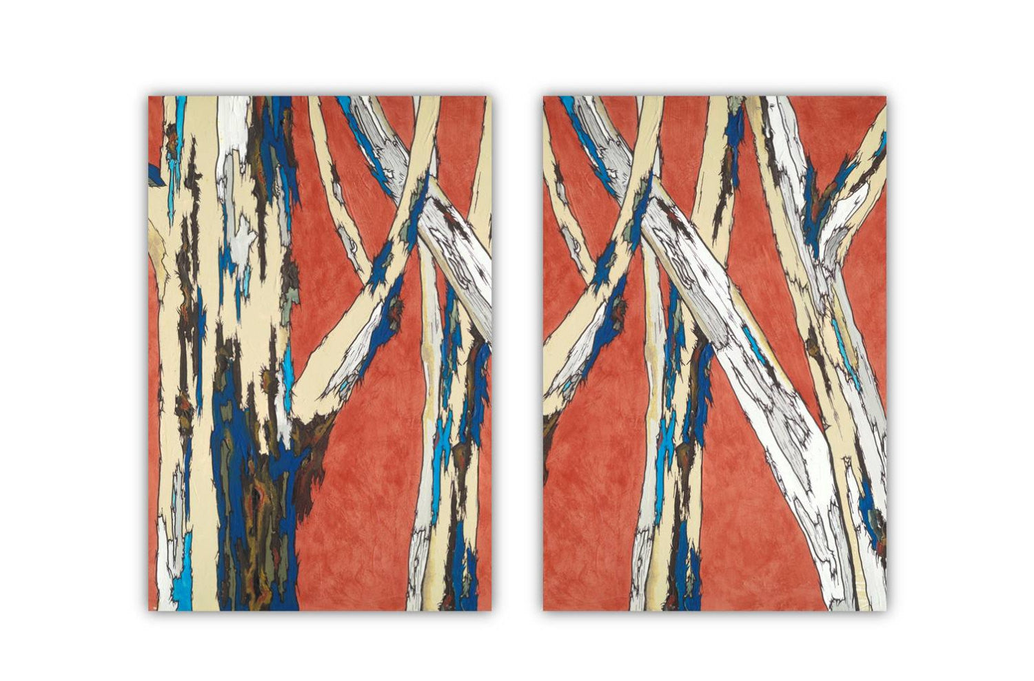 Oversized Two-Panel Diptych Canvas Wall Artwork in Deep Orange, and cobalt blue and white birch trees