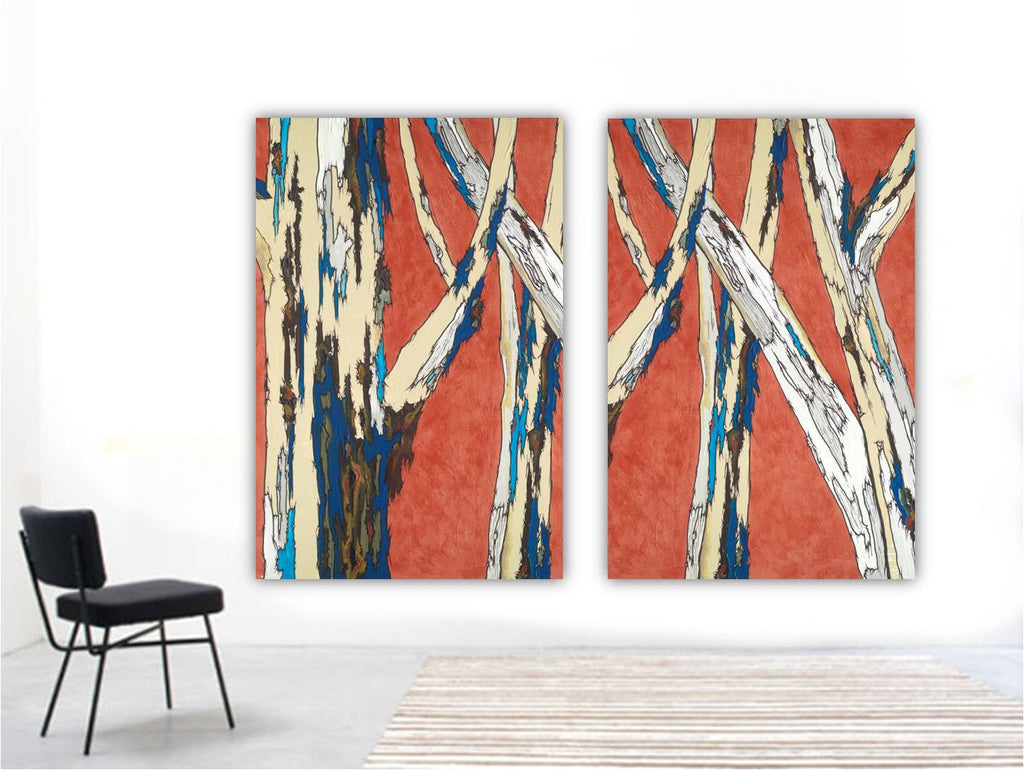 Extra LARGE wall art orange birch trees modern landscape oversized diptych artwork giclee canvas print
