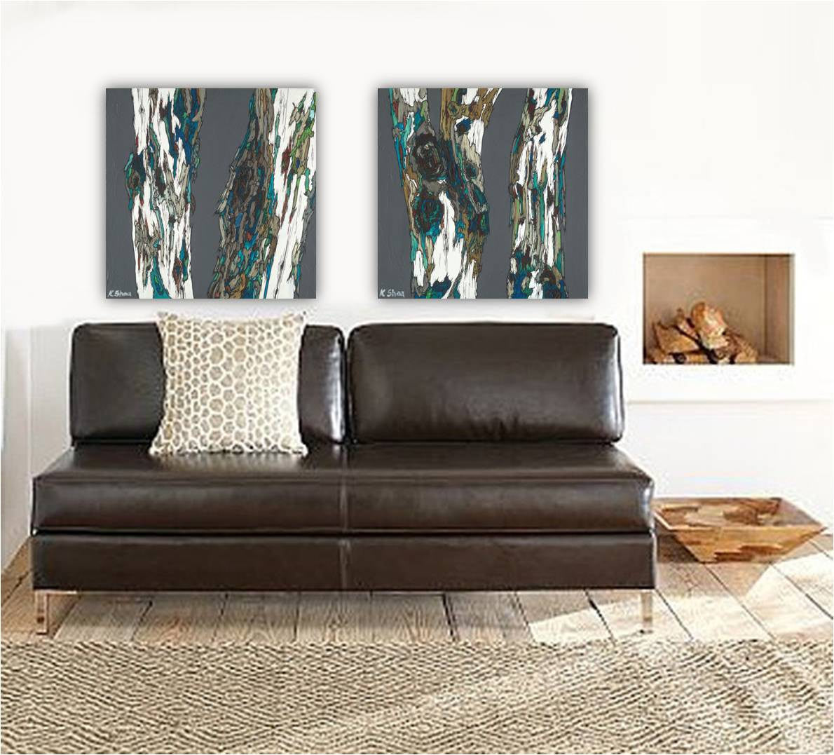 Modern masculine original paintings of trees - set of two | diptych - in a rustic setting