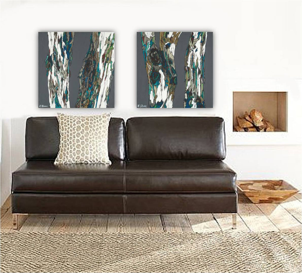 modern rustic original painting, rustic modern original painting of trees, modern set of 2 paintings, large diptych, extra large wall art over couch, large artwork over sofa, large bedroom artwork, extra large living room art, large dining room wall art, iranian artist, original art by iranian artist, shoa gallery, original painting of trees