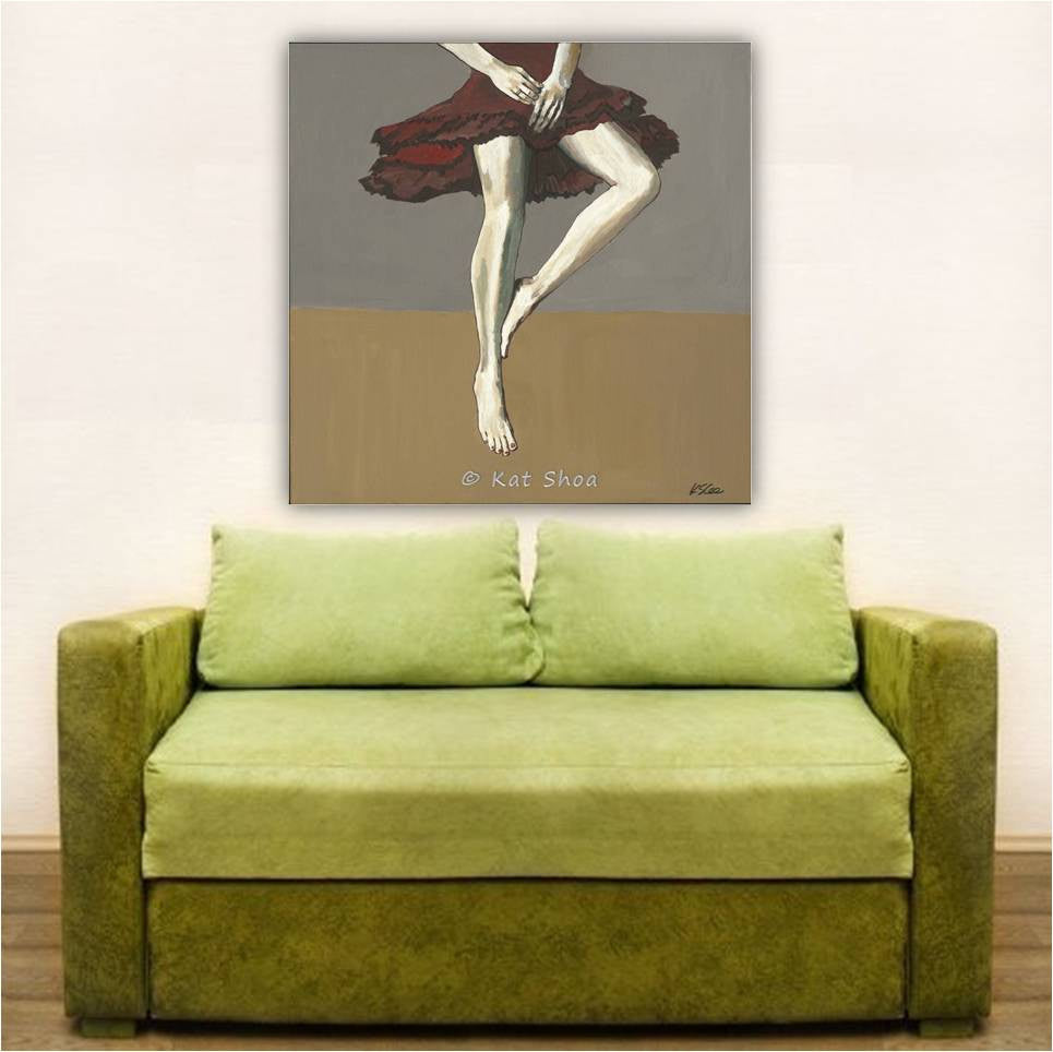 Subtle & sensual wall art of woman with bare arms and legs in ochre and gray - above a loveseat in a living room 