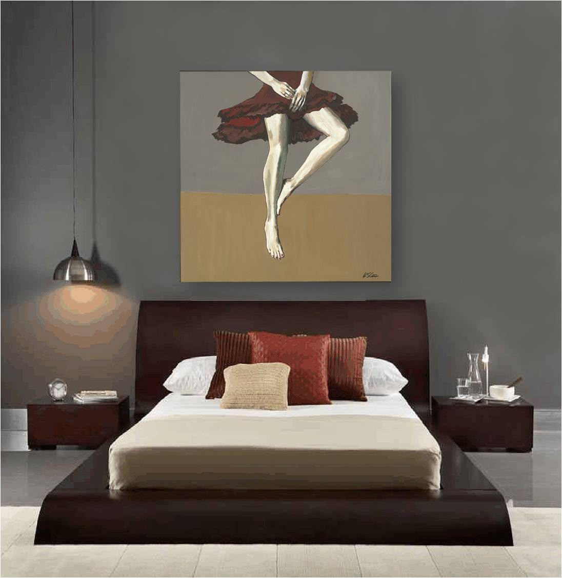 Sensual feminine wall art of female figure in muted colors - large print on dark walls of large contemporary bed