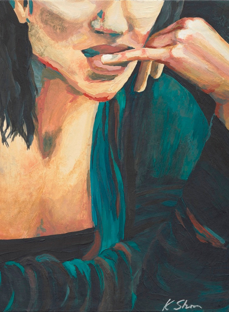 figurative original painting, original green black painting of woman, sexy painting of woman hand, geen sweater wall art, special occasion gift for her, finger lips art, figurative sexy painting, painting by iranian artist, wall art for bedroom, living room wall art, large painting over credenza, sexy shoulder art