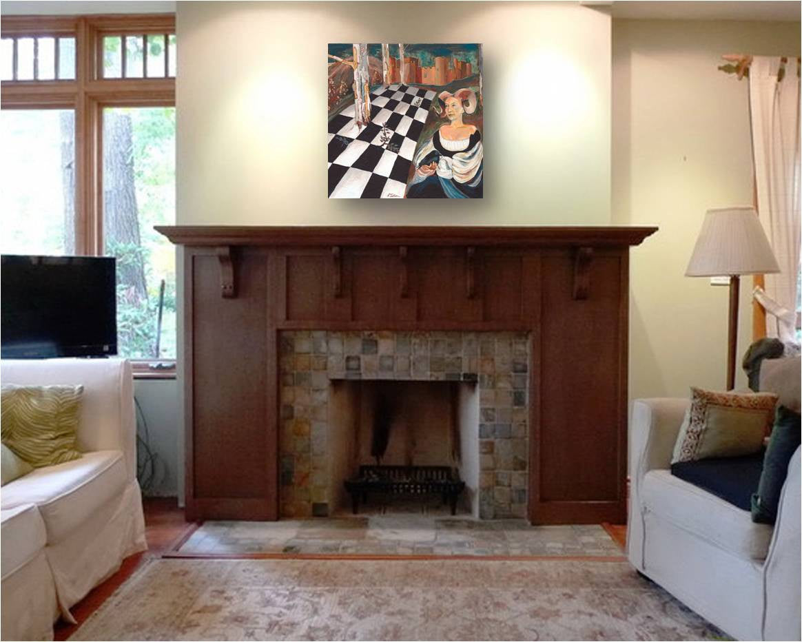Surrealist original painting of medieval setting over a large fireplace mantel of sophisticated living room