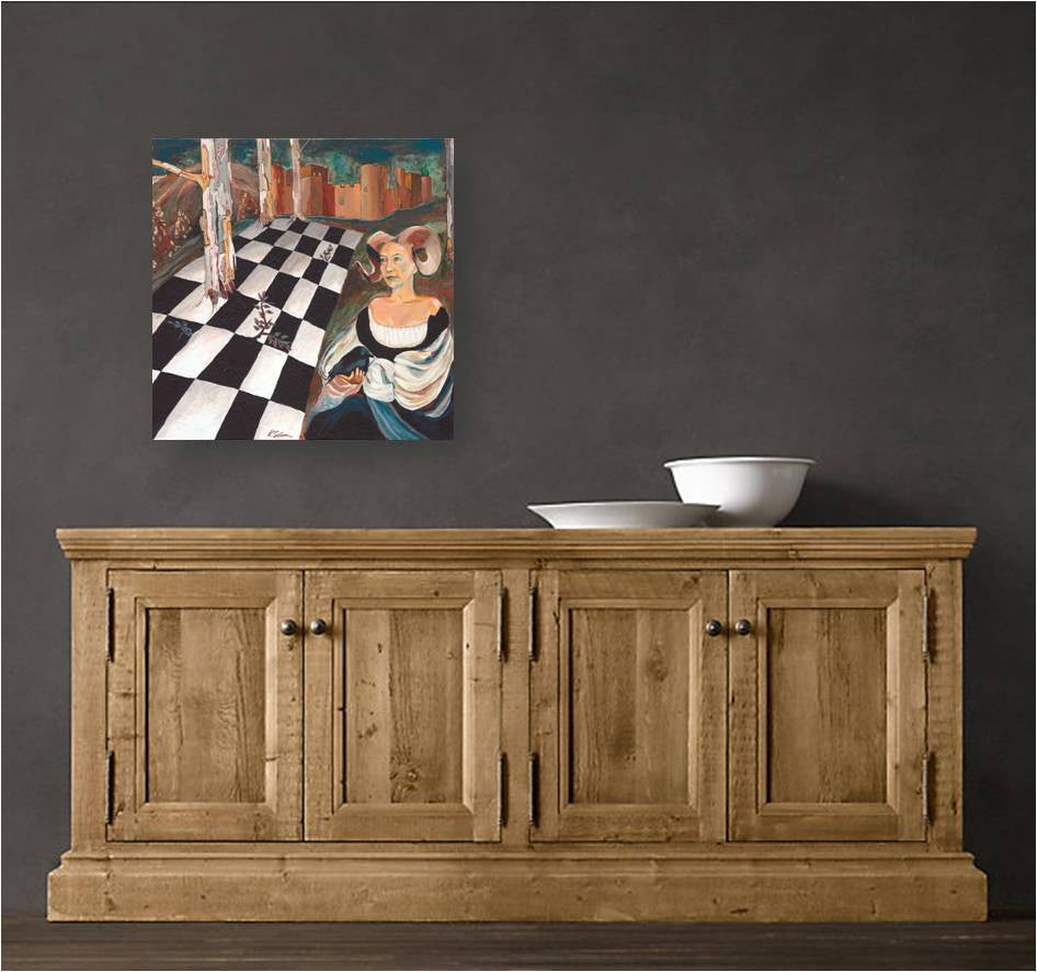 Surrealist original painting - Medieval woman with crow and chessboard - on a dark wall of home entryway