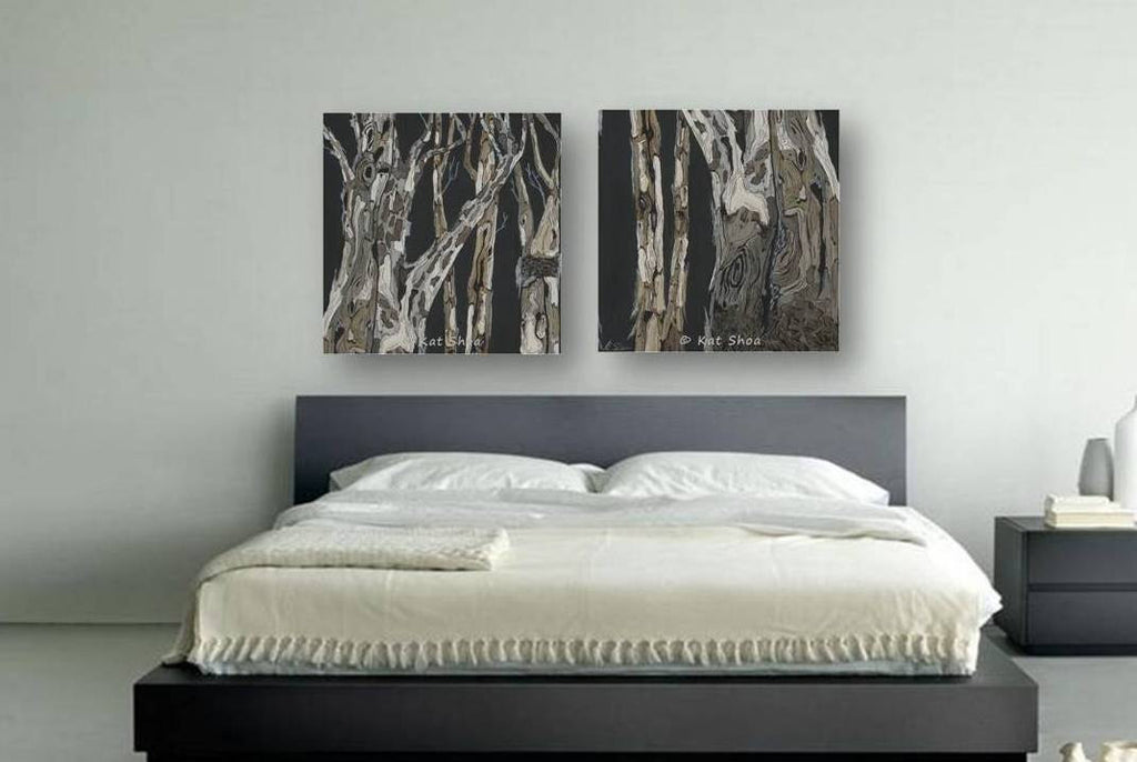 LARGE wall art set masculine black and white canvas diptych tree artwork giclee print