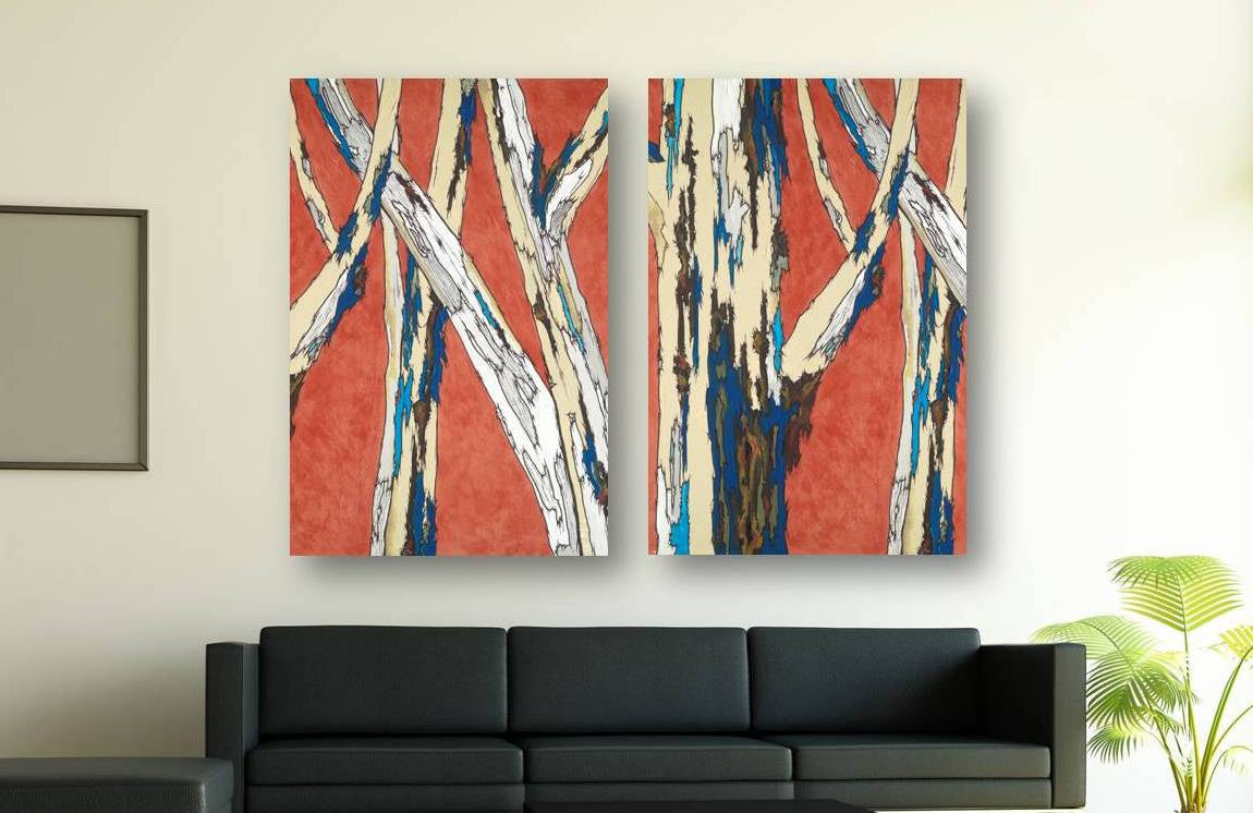 2 large orange, blue, and white canvas wall art panels - modern landscape with birch trees. On a large blank wall above a sofa.