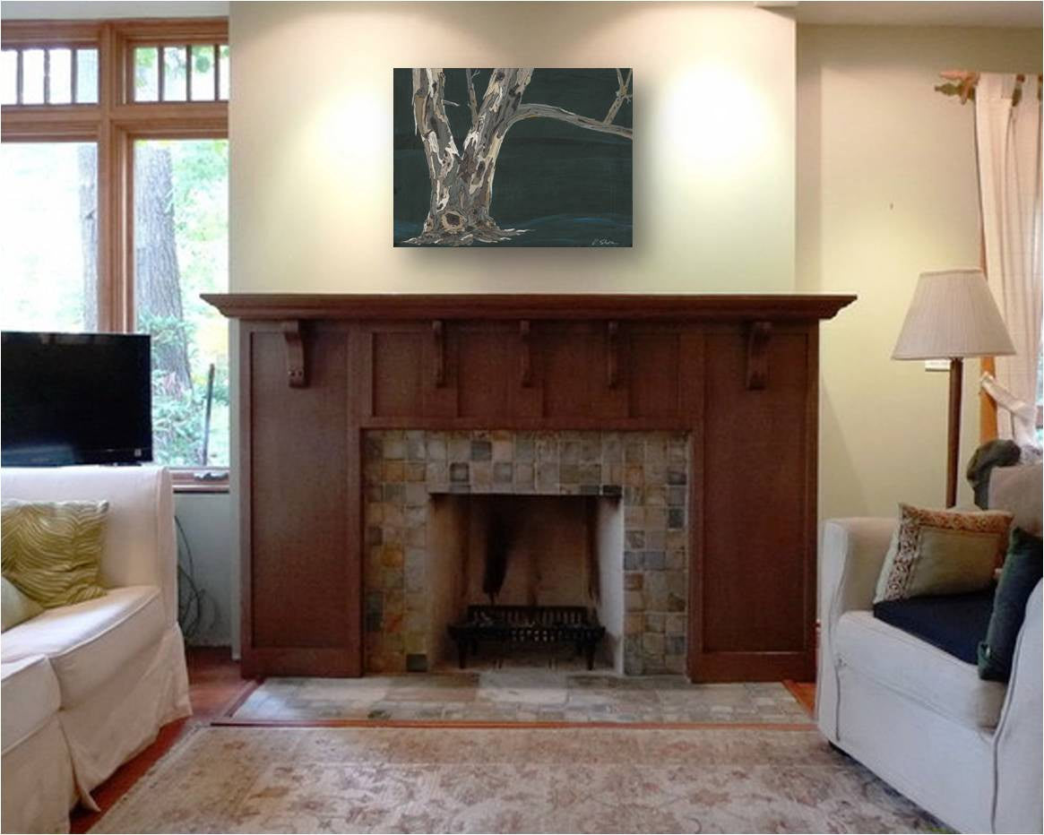 Deep forest green original painting in a transitional small living room