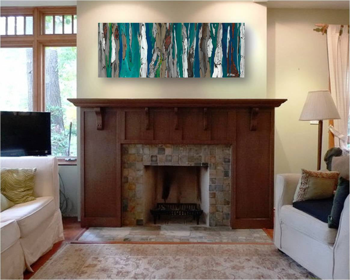 Wide artwork in deep blues and white over a large fireplace with wood mantel in living room