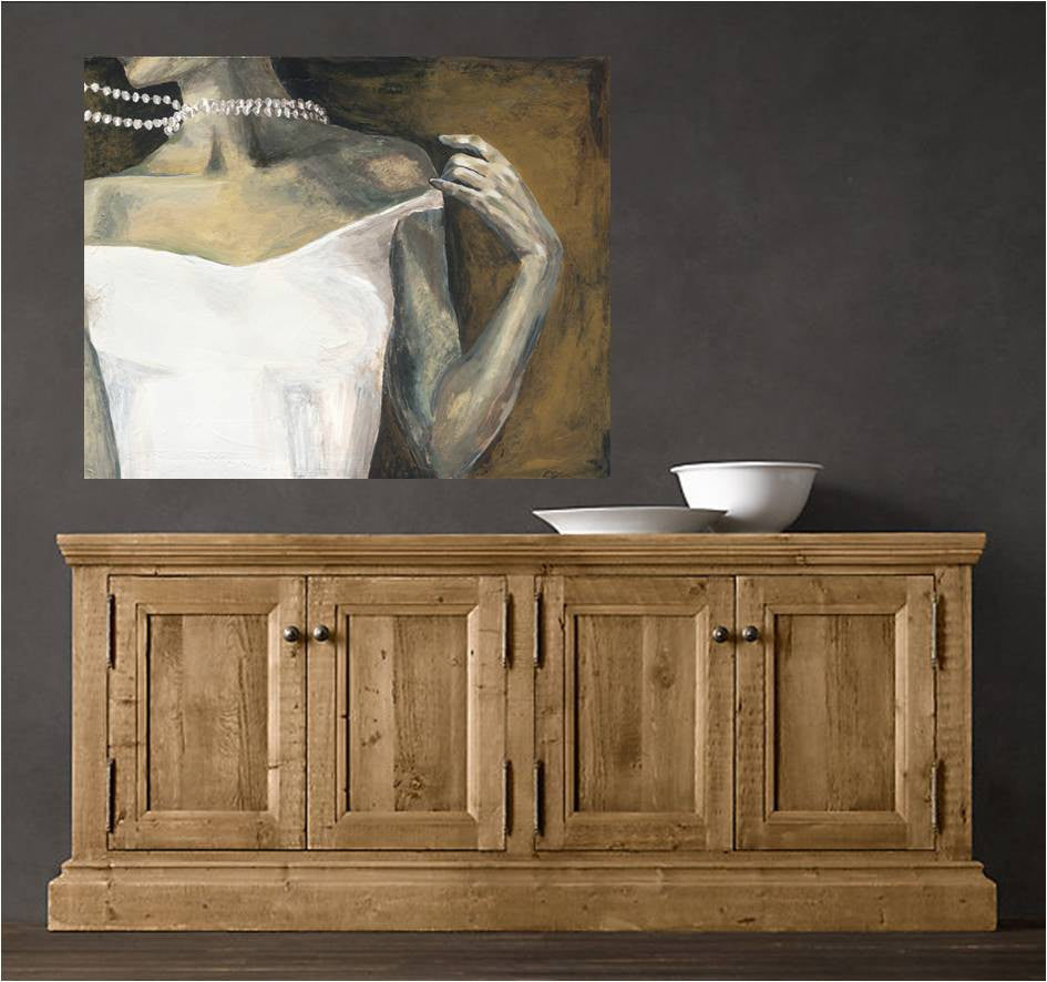 Provocative and sensual canvas art print on a dark wall at the entryway of rustic modern space