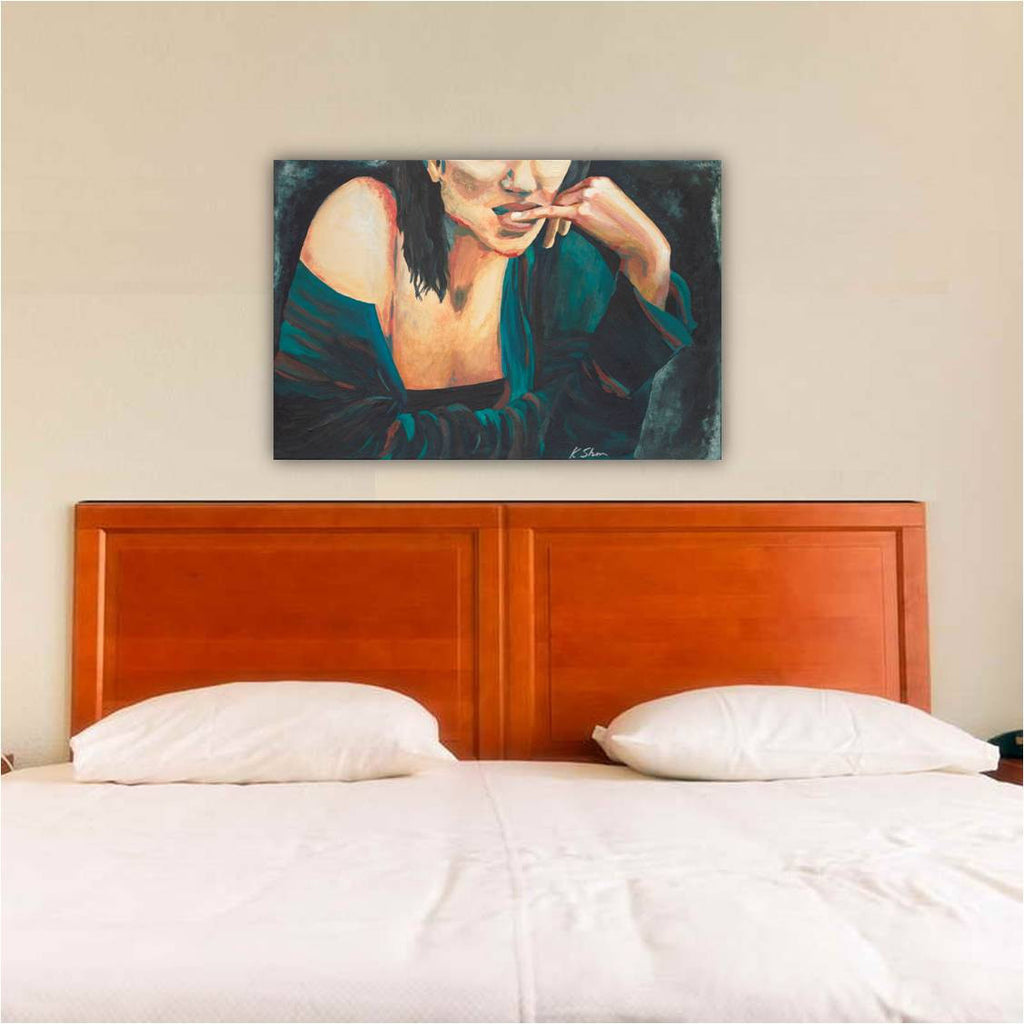 sexy woman bedroom artwork, original painting of sexy women, original sexy painting over bed, sexy wall art for bedroom, large sexy painting over bed, green black bedroom wall art, special gift for her, classy gift for her, expensive gift for her, special gift to impress her, one of a kind gift for her